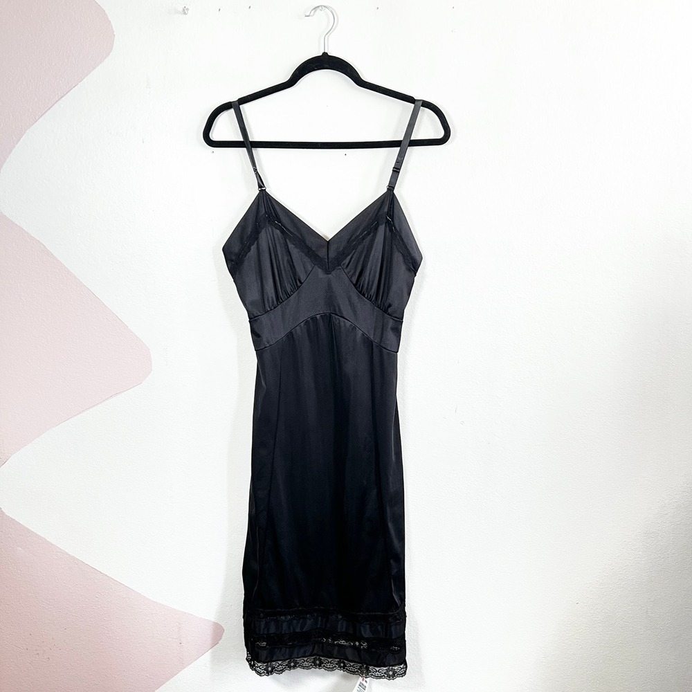 Vintage Velrose Babydoll Slip Dress Black Size 32 Satin Lace Coquette
